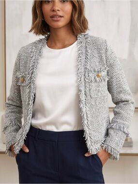 Kate & Mallory Textured Knit Tweed Style Cardigan with Fringe